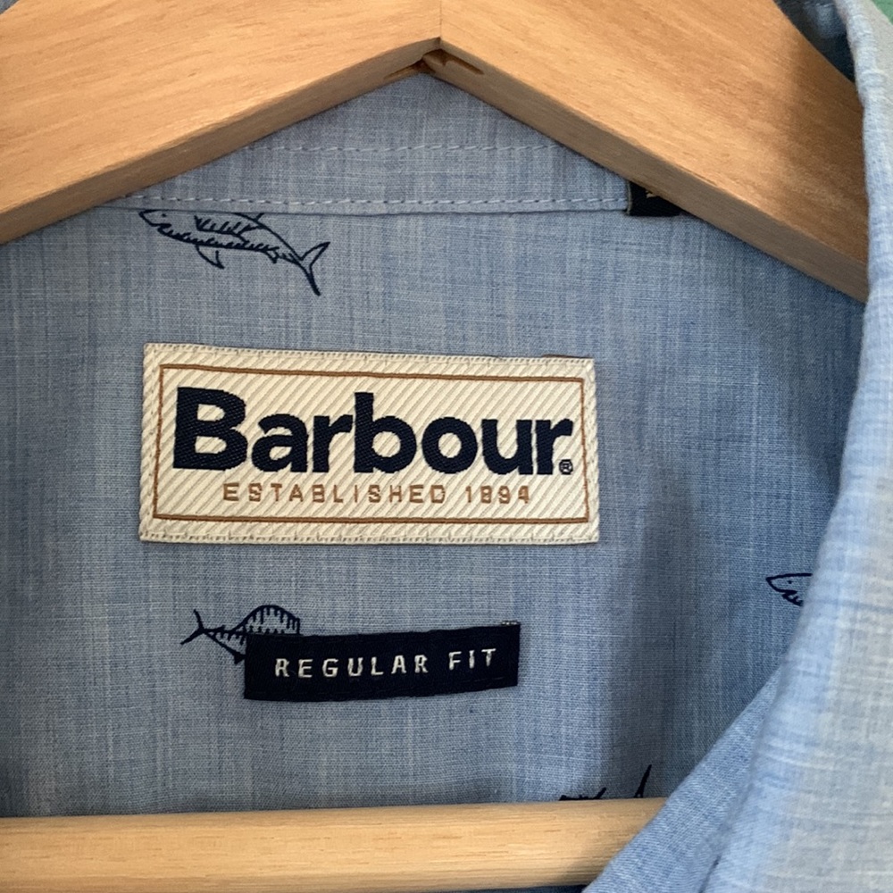 Barbour Blue Summer Chambray Fish & Shark button up NWT - Picture 6 of 10